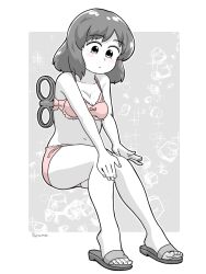Rule 34 | bow, bow bra, bra, breasts, cleavage, commentary, frilled bra, frills, hands on own knees, highres, invisible chair, looking down, medium hair, navel, nichijou, panties, pink bra, pink panties, robot girl, shinonome nano, signature, sitting, slippers, spot color, syumo, underwear, winding key
