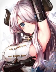 Rule 34 | 10s, 1girl, :o, arm up, armpits, black gloves, blue eyes, blush, braid, breast hold, breasts, draph, elbow gloves, gloves, granblue fantasy, hair ornament, hair over one eye, highres, horns, large breasts, light purple hair, long hair, looking at viewer, narmaya (granblue fantasy), over shoulder, pointy ears, sideboob, sleeveless, solo, upper body, watao
