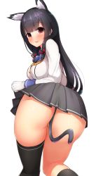 Rule 34 | 10s, 1girl, animal ears, ass, black hair, black thighhighs, blush, boruhis, cat ears, cat tail, cowboy shot, from behind, gloves, highres, isokaze (kancolle), kantai collection, kemonomimi mode, leaning forward, long hair, looking at viewer, miniskirt, no panties, open mouth, pleated skirt, red eyes, school uniform, serafuku, single thighhigh, skirt, solo, tail, thighhighs, thighs, white gloves