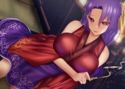 Rule 34 | 1girl, bare shoulders, breasts, dutch angle, holding, holding smoking pipe, indoors, japanese clothes, kimono, komakusa sannyo, large breasts, long hair, looking at viewer, ponytail, purple hair, purple skirt, red eyes, red kimono, shounen (hogehoge), skirt, smile, smoking pipe, solo, tatami, touhou