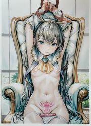 Rule 34 | 1girl, absurdres, animal ears, armpits, arms up, black hair, blue eyes, bound, bound wrists, breasts, cat ears, chair, colored pencil (medium), crossed bangs, detached collar, heart pasties, highres, indoors, katsu (24791909), long hair, looking at viewer, marker, marker (medium), navel, on chair, open mouth, original, panties, panty pull, pasties, pubic tattoo, red ribbon, restrained, ribbon, ribs, sitting, small breasts, solo, tattoo, traditional media, underwear, very long hair, white panties, window