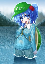 Rule 34 | 1girl, blue eyes, blue hair, female focus, hair bobbles, hair ornament, kawashiro nitori, lowres, matching hair/eyes, solo, touhou, two side up, utage nicholas, wet, wet clothes