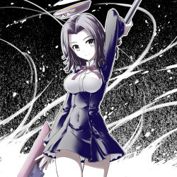 Rule 34 | 10s, 1girl, breasts, cowboy shot, dress, fish.boy, glaive (polearm), grey eyes, halftone, halo, hand up, head tilt, highres, holding, holding weapon, kantai collection, looking at viewer, mechanical halo, polearm, purple dress, purple hair, ribbon, short dress, short hair, smile, solo, tatsuta (kancolle), thighs, weapon
