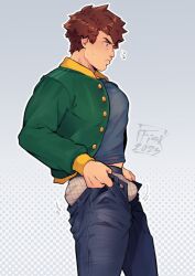 Rule 34 | 1boy, alex (stardew valley), ass lift, bara, bouncing bulge, bulge, bulge lift, dressing, edging underwear, feet out of frame, flying sweatdrops, from side, highres, i&#039;ve never seen a guy recreate this successfully tbh (meme), impetuss, large pectorals, looking at bulge, male focus, male underwear, meme, midriff peek, motion lines, muscular, muscular male, open pants, pants, pants lift, pectorals, short hair, solo, stardew valley, undersized clothes, underwear, white male underwear