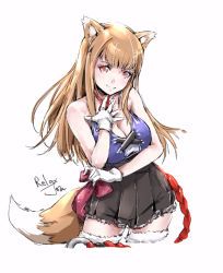 Rule 34 | 1girl, animal ear fluff, animal ears, arm under breasts, bare shoulders, black skirt, breasts, cleavage, closed mouth, cowboy shot, fang, gloves, hand on own chest, holo, large breasts, long hair, looking at viewer, red eyes, red neckwear, relaxjon, signature, simple background, skirt, solo, spice and wolf, tail, thighhighs, white background, white gloves, wolf ears, wolf girl, wolf tail
