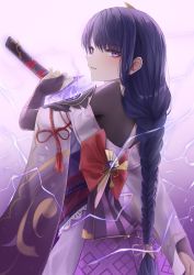 Rule 34 | 1girl, absurdres, armor, bad id, bad pixiv id, bridal gauntlets, commentary, electricity, english commentary, from behind, genshin impact, hair ornament, highres, holding, holding sword, holding weapon, japanese clothes, kimono, long hair, long sleeves, looking at viewer, looking back, musou isshin (genshin impact), obi, open mouth, purple eyes, purple hair, raiden shogun, revision, ribbon, sash, shoulder armor, simple background, solo, sword, tassel, turbulence, weapon, white background, wide sleeves