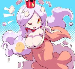 Rule 34 | 1girl, bare shoulders, blush, breasts, cleavage, crown, large breasts, long hair, looking at viewer, nollety, off shoulder, one eye closed, open mouth, orange eyes, solo, tamagonokimi, youkai watch