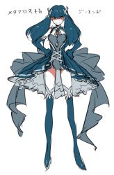 Rule 34 | 1girl, bare shoulders, blue hair, blue thighhighs, blunt bangs, breasts, cleavage, closed mouth, creatures (company), cross, cross hair ornament, detached collar, eyebrows, full body, game freak, gen 3 pokemon, hair ornament, hands on own hips, kz 609, leotard, leotard under clothes, long hair, long legs, medium breasts, metagross, nintendo, orange eyes, over-kneehighs, personification, pokemon, pokemon rse, pokemon sm, simple background, smile, solo, standing, thighhighs, twintails, white background