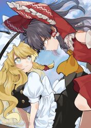 2girls apron ascot black_vest blonde_hair blue_sky blush bow braid broom broom_riding brown_eyes brown_hair closed_mouth cloud commentary day detached_sleeves eye_contact frilled_bow frilled_hair_tubes frills gradient_eyes hair_bow hair_tubes hakurei_reimu hat hat_bow highres kirisame_marisa long_hair looking_at_another multicolored_eyes multiple_girls red_bow red_skirt side_braid single_braid skirt skirt_set sky touhou twitter_username uchisaki_himari vest waist_apron white_apron white_bow witch_hat yellow_ascot