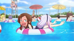 Rule 34 | 3boys, 6+girls, :d, absurdres, afloat, beads, blue eyes, blue one-piece swimsuit, blurry, blurry background, blush, bohegao, brown hair, child, commentary, dragon girl, english commentary, fence, from side, greatm8, green eyes, hair beads, hair ornament, highres, innertube, kanna kamui, kobayashi-san chi no maidragon, kobayashi (maidragon), light purple hair, looking away, low twintails, lucoa (maidragon), magatsuchi shouta, multiple boys, multiple girls, one-piece swimsuit, open mouth, outdoors, parasol, partially submerged, photoshop (medium), pink hair, pool, saikawa riko, school swimsuit, smile, source filmmaker (medium), swim ring, swimming, swimsuit, tohru (maidragon), twintails, umbrella, wavy mouth