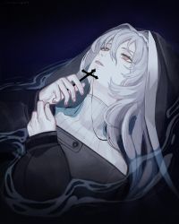 Rule 34 | 1girl, arknights, black dress, cross, cross necklace, dress, habit, hair between eyes, highres, holding, holding cross, jewelry, long hair, long sleeves, looking up, necklace, nun, off-shoulder dress, off shoulder, parted lips, partially submerged, red eyes, silver hair, solo, specter (arknights), upper body, water, xiang wan wei wan