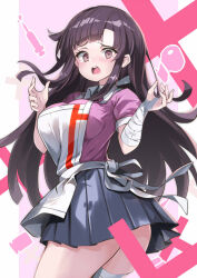 Rule 34 | 1girl, apron, bandages, blush, breasts, d:, danganronpa (series), danganronpa 2: goodbye despair, hands up, highres, large breasts, long hair, looking at viewer, mole, mole under eye, omochishiki, open mouth, pink shirt, pleated skirt, puffy short sleeves, puffy sleeves, shirt, short sleeves, skirt, solo, teeth, tsumiki mikan, upper teeth only