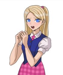 Rule 34 | anime coloring, artist request, barbie (character), barbie (franchise), barbie movies, barbie princess charm school, blair (barbie), blonde hair, blue eyes, blue vest, collared shirt, crossover, danganronpa (series), hairband, half updo, hands up, miniskirt, necktie, nervous, open mouth, own hands together, parody, parted bangs, pink hairband, pink skirt, plaid, plaid skirt, puffy short sleeves, puffy sleeves, school uniform, shirt, short sleeves, side ponytail, skirt, solo, source request, style parody, surprised, vest, white background, white shirt, wide-eyed