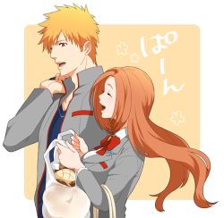 Rule 34 | 1boy, 1girl, bag, bleach, bow, bread, breasts, closed eyes, food, grey jacket, happy, height difference, holding, holding bag, inoue orihime, jacket, kurosaki ichigo, large breasts, long hair, long sleeves, melon bread, open mouth, orange hair, passo0102, plastic bag, red bow, school uniform, short hair, sidelocks, spiked hair, upper body