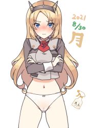 Rule 34 | 1girl, blonde hair, blue eyes, blush, bottle, bow, bow panties, breasts, commentary request, crossed arms, crotch seam, female pubic hair, flower, headgear, kantai collection, large breasts, long sleeves, looking at viewer, military, military uniform, nakadori (movgnsk), nelson (kancolle), no pants, nose blush, panties, pubic hair, red flower, red rose, rose, simple background, solo, spray bottle, underwear, uniform, white background, white panties
