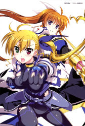 Rule 34 | 2girls, black gloves, blonde hair, blue eyes, blue ribbon, bodysuit, breasts, breasts apart, brown hair, fingerless gloves, floating hair, fujima takuya, gloves, green eyes, hair between eyes, hair ribbon, heterochromia, highres, holding, holding weapon, large breasts, long hair, lyrical nanoha, magical girl, mahou shoujo lyrical nanoha, mahou shoujo lyrical nanoha vivid, multiple girls, official art, open mouth, ponytail, raising heart, raising heart (exceed mode), red eyes, ribbon, side ponytail, simple background, takamachi nanoha, takamachi nanoha (exceed mode), torn bodysuit, torn clothes, torn gloves, very long hair, vivio, waist cape, weapon, white background, white ribbon