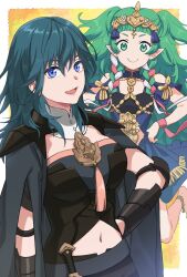 Rule 34 | 2girls, :d, armor, asao (vc), blue dress, blue eyes, blue hair, blunt bangs, breasts, byleth (female) (fire emblem), byleth (fire emblem), cape, closed mouth, detached collar, dress, fire emblem, fire emblem: three houses, green eyes, green hair, grey cape, hair between eyes, hand on own hip, highres, large breasts, long hair, midriff, multiple girls, navel, nintendo, open mouth, pointy ears, shoulder armor, smile, sothis (fire emblem), stomach