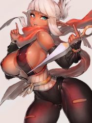 Rule 34 | 1girl, bare shoulders, black pantyhose, blue eyes, bodystocking, breasts, cowboy shot, curvy, dark-skinned female, dark elf, dark skin, dnf duel, dungeon and fighter, elbow gloves, elf, fumio (rsqkr), gloves, highres, index fingers raised, kunai, kunoichi (dungeon and fighter), large breasts, ninja, open mouth, pantyhose, pointy ears, ponytail, reverse grip, scarf, sideboob, sidelocks, thick thighs, thief (dungeon and fighter), thighs, weapon, white background