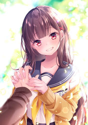 Rule 34 | 1boy, 1girl, backlighting, black sailor collar, blurry, blurry background, blush, brown cardigan, brown hair, cardigan, collarbone, commentary request, depth of field, grin, hair ornament, head tilt, long hair, long sleeves, looking at viewer, nemuri nemu, off shoulder, open cardigan, open clothes, original, out of frame, red eyes, sailor collar, school uniform, serafuku, shirt, sleeves past wrists, smile, solo focus, upper body, very long hair, white shirt, x hair ornament
