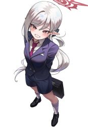 Rule 34 | 1girl, absurdres, alternate costume, ankle socks, arms behind back, black footwear, blue archive, blue eyes, blue jacket, blush, briefcase, collared shirt, grey hair, grin, halo, highres, jacket, loafers, long hair, looking at viewer, mutsuki (blue archive), necktie, pointy ears, red eyes, red halo, red necktie, samgong, shirt, shoes, shorts, simple background, slit pupils, smile, socks, solo, very long hair, white background, white shirt, white socks
