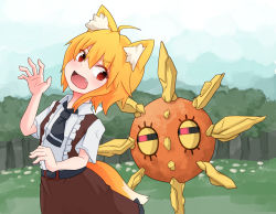 Rule 34 | 1girl, animal ears, belt, black belt, black neckwear, blonde hair, brown hair, brown skirt, brown vest, collared shirt, commentary request, cookie (touhou), cowboy shot, creatures (company), crossover, fang, forest, fox ears, fox girl, fox tail, game freak, gen 3 pokemon, looking at another, miramikaru riran, nature, necktie, nintendo, open mouth, pokemon, pokemon (creature), shirt, short hair, short sleeves, skirt, solrock, tail, tree, vest, white shirt, yan pai