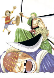 Rule 34 | 3boys, crying, dual wielding, green hair, haramaki, hat, highres, holding, japanese clothes, male focus, monkey d. luffy, mouth hold, multiple boys, muscular, oda eiichirou, official art, one piece, red vest, robe, roronoa zoro, sandals, sash, shorts, simple background, smile, straw hat, sword, tattoo, triple wielding, vest, weapon, white background