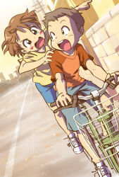Rule 34 | 1boy, 1girl, angry, bicycle, bicycle basket, blue eyes, blue shorts, blush stickers, brown hair, child, green eyes, grey hair, hand on another&#039;s shoulder, highres, jkt (sheltem), looking at another, looking back, open mouth, original, outdoors, pointing, red shirt, riding, riding bicycle, road, shirt, shoes, short hair, shorts, sunset, teeth, upper teeth only, v-shaped eyebrows, white footwear, yellow shirt