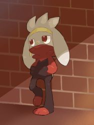 Rule 34 | 1boy, against wall, animal feet, animal nose, black fur, body fur, brick wall, bright pupils, covered mouth, creatures (company), furry, furry male, game freak, gen 8 pokemon, grey fur, hands in pockets, leg up, looking to the side, looking up, male focus, minamo (pixiv17726065), nintendo, pokemon, pokemon (creature), rabbit boy, rabbit ears, rabbit tail, raboot, red eyes, red fur, solo, standing, standing on one leg, white pupils