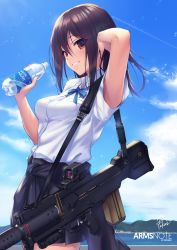 Rule 34 | 1girl, arm up, arms note, assault rifle, bionic joshikousei (fukai ryousuke), blush, bottle, breasts, brown eyes, brown hair, bullpup, cloud, commentary request, copyright name, day, fukai ryosuke, grin, gun, hair between eyes, hand on own head, holding, looking at viewer, magnetic weapon, medium breasts, ocean, original, outdoors, rifle, shirt, short sleeves, sidelocks, signature, skirt, sky, smile, solo, standing, suppressor, water bottle, weapon, white shirt