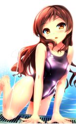 Rule 34 | 10s, 1girl, bad id, bad twitter id, barefoot, blush, brown eyes, brown hair, collarbone, competition swimsuit, eyebrows, highres, idolmaster, idolmaster million live!, kitazawa shiho, leg lift, leg up, long hair, looking at viewer, matching hair/eyes, one-piece swimsuit, open mouth, p2 shino, pool, poolside, purple one-piece swimsuit, shiny clothes, shiny skin, skin tight, solo, swimsuit, wading, water, wet
