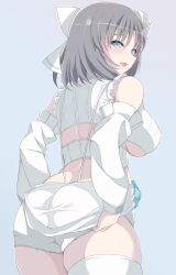 Rule 34 | 1girl, adjusting clothes, adjusting shorts, ass, bare shoulders, blue background, blue eyes, blue flower, blue rose, blush, bow, breasts, butt crack, chimunge, detached sleeves, flower, frilled shirt, frills, from behind, grey hair, hair bow, hair flower, hair ornament, highres, large breasts, looking at viewer, looking back, median furrow, official alternate costume, open mouth, rose, senran kagura, senran kagura new link, senran kagura shinovi versus, shiny skin, shirt, short hair, short shorts, shorts, simple background, skindentation, smile, solo, standing, striped, striped bow, suspender shorts, suspenders, thighhighs, underboob, underbust, white bow, white flower, white rose, white shorts, white thighhighs, yumi (senran kagura)