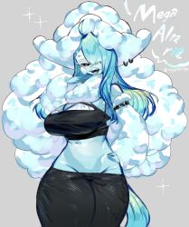 Rule 34 | absurdres, ahoge, altaria, beak, bird girl, black eyes, blue fur, blue hair, breasts, cleavage, creatures (company), crop top, feathers, furry, furry female, game freak, gen 3 pokemon, hat, highres, large breasts, long hair, looking at viewer, mega altaria, mega pokemon, navel, nintendo, one eye covered, pants, piercing, pokemon, pokemon (creature), smile, thick thighs, thighs, togetoge, wide hips