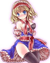 Rule 34 | 1girl, alice margatroid, arms behind back, bad id, bad pixiv id, bare shoulders, black bra, black thighhighs, blonde hair, blue eyes, blush, bra, breasts, cleavage, dress, female focus, fenfenfen, frills, gradient background, large breasts, lingerie, off shoulder, short hair, simple background, solo, thighhighs, touhou, underwear, white background