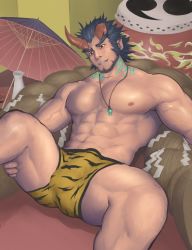 Rule 34 | 1boy, abs, bara, beard, blue hair, boxers, bulge, dark blue hair, demon boy, facial hair, fang, feet out of frame, fiery horns, highres, horns, jewelry, ko shushu, large pectorals, long sideburns, male focus, male underwear, manly, muscular, navel, necklace, nipples, pectorals, scar, short hair, sideburns, solo, stubble, takemaru (housamo), thick eyebrows, thick thighs, thighs, tokyo houkago summoners, umbrella, underwear, underwear only