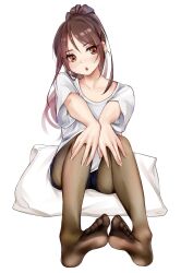 1girl brown_eyes brown_hair feet hands_on_own_knees light_blush long_hair open_mouth pantyhose ponytail shirt short_shorts shorts soles t-shirt toes wang_xiao_yao