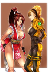 Rule 34 | 2girls, between breasts, blonde hair, bodysuit, breasts, brown eyes, brown hair, chinese clothes, cleavage, curvy, dress, fatal fury, female focus, kof: maximum impact, kunoichi, large breasts, lien neville, lips, lipstick, looking at another, makeup, matching hair/eyes, multiple girls, ninja, open mouth, pelvic curtain, penzoom, ponytail, red dress, red eyes, revealing clothes, sexually suggestive, shiranui mai, snk, the king of fighters, thick thighs, thighs, wide hips