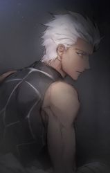 Rule 34 | 1boy, archer (fate), dark-skinned male, dark skin, fate/stay night, fate (series), from behind, from side, grey eyes, h sueun, indoors, light rays, looking down, male focus, muscular, parted lips, sitting, solo, sunbeam, sunlight, white hair