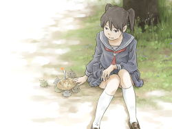 Rule 34 | 00s, 1girl, amasawa yuuko, black serafuku, black skirt, brown eyes, brown hair, cake, candle, carrying, closed mouth, creature, day, dennou coil, fire, food, grass, hair tie, happy, kneehighs, knees together feet apart, knees up, loafers, long sleeves, looking down, neckerchief, on ground, outdoors, red neckerchief, school uniform, serafuku, shoes, skirt, smile, socks, solo, tnt (aaaazzzz), tree, two side up, under tree, white socks