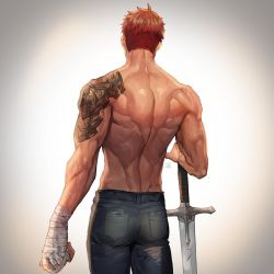 Rule 34 | 1boy, ass, back, bandaged arm, bandages, bara, biceps, clenched hand, denim, highres, jeans, male focus, manly, mature male, messy hair, muscular, muscular male, orange hair, original, pants, scar, scar on arm, scar on back, shoulder pads, solo, spiked hair, ssong-ga, sword, tight clothes, topless male, torn clothes, undercut, veins, veiny arms, weapon, weapon on floor