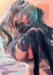 Rule 34 | 1girl, absurdres, aqua eyes, aqua hair, black footwear, black skirt, boots, commentary, crossed arms, detached sleeves, grey shirt, hair between eyes, hatsune miku, head rest, highres, kaamin (mariarose753), knees together feet apart, knees up, long hair, looking at viewer, shirt, sitting, skirt, solo, thigh boots, twintails, very long hair, vocaloid