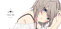 Rule 34 | 1girl, animal ear fluff, arms up, bare shoulders, blue eyes, blush, grey hair, hair between eyes, highres, looking at viewer, mayogii, off shoulder, original, parted lips, simple background, solo, white background