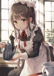 Rule 34 | 1girl, absurdres, apron, black dress, black hair, blurry, breasts, brown eyes, collared dress, commentary, cup, depth of field, dress, frilled dress, frills, hat, highres, holding, indoors, juliet sleeves, leaning forward, light rays, long hair, long sleeves, looking at viewer, maid, maid apron, medium breasts, mob cap, neck ribbon, original, parted lips, plant, puffy sleeves, r o ha, red ribbon, ribbon, sidelocks, solo, standing, sunbeam, sunlight, teacup, teapot, window