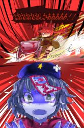 Rule 34 | 2girls, animal ears, bandages, beret, blood, blue eyes, blue hair, braid, cat ears, cat girl, chamaruk, expressive clothes, face, fangs, female focus, hat, kaenbyou rin, miyako yoshika, multiple girls, ofuda, open mouth, outstretched arms, pale skin, red hair, running, scared, short hair, star (symbol), tears, touhou, twin braids, twintails, wheelbarrow, zombie pose