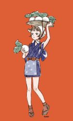 Rule 34 | 1girl, animal crossing, arm up, basket, blue kimono, brown hair, daisy mae (animal crossing), highres, humanization, japanese clothes, kimono, leaf, nintendo, object on head, red background, sandals, short hair, short kimono, simple background, solo, tronc, turnip
