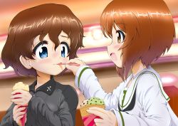 Rule 34 | 2girls, absurdres, akaboshi koume, bad id, bad twitter id, black neckerchief, blouse, blue eyes, blush, brown eyes, brown hair, closed mouth, commentary request, daxz240r, dress shirt, feeding, food, girls und panzer, grey shirt, highres, holding, holding food, ice cream cone, insignia, kuromorimine school uniform, light blush, long sleeves, looking at another, multiple girls, neckerchief, nishizumi miho, ooarai school uniform, open mouth, school uniform, serafuku, shirt, short hair, smile, utensil in mouth, wavy mouth, white shirt