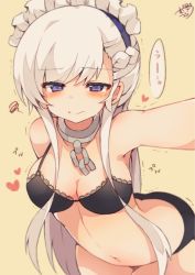 Rule 34 | 1girl, arched back, azur lane, bad id, bad pixiv id, bare shoulders, belfast (azur lane), black bra, black panties, blush, bra, braid, breasts, broken, broken chain, brown background, chain, cleavage, closed mouth, commentary request, heart, highres, leaning forward, long hair, looking at viewer, maid headdress, medium breasts, muuran, navel, outstretched arm, panties, purple eyes, reaching, reaching towards viewer, signature, silver hair, simple background, solo, trembling, underwear, very long hair