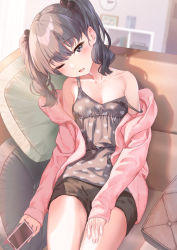 Rule 34 | 1girl, bare shoulders, black eyes, black hair, black shorts, blush, breasts, camisole, cardigan, cellphone, commentary request, couch, fang, hair bobbles, hair ornament, heart, heart print, highres, indoors, looking at viewer, medium hair, namikishiho, one eye closed, open cardigan, open clothes, open mouth, original, phone, pillow, pink cardigan, short shorts, shorts, sitting, skin fang, sleepy, small breasts, smartphone, solo, strap slip, twintails