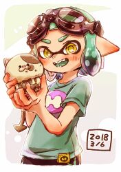 Rule 34 | 1girl, absurdres, animal, blush, cat, commission, commissioner upload, goggles, goggles on head, harutarou (orion 3boshi), highres, holding, holding animal, holding cat, inkling, inkling girl, inkling player character, li&#039;l judd (splatoon), nintendo, open mouth, splatoon (series), yellow eyes