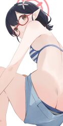 Rule 34 | 1girl, ayane (blue archive), ayane (swimsuit) (blue archive), bikini, black hair, blue archive, blue shorts, brown eyes, commentary, flower, glasses, hair flower, hair ornament, halo, highres, hiroki (yyqw7151), looking at viewer, official alternate costume, pointy ears, red-framed eyewear, red halo, short hair, shorts, simple background, sitting, solo, striped bikini, striped clothes, swimsuit, white background, white flower