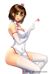 Rule 34 | 1girl, ass, bare shoulders, blush, breasts, brown hair, challengia, china dress, chinese clothes, cleavage, covered navel, dress, gloves, green eyes, heart, honchan, impossible clothes, large breasts, looking at viewer, nchans, open mouth, short hair, siera21, simple background, sitting, sleeveless, sleeveless dress, solo, thighhighs, thighs, white background, white dress